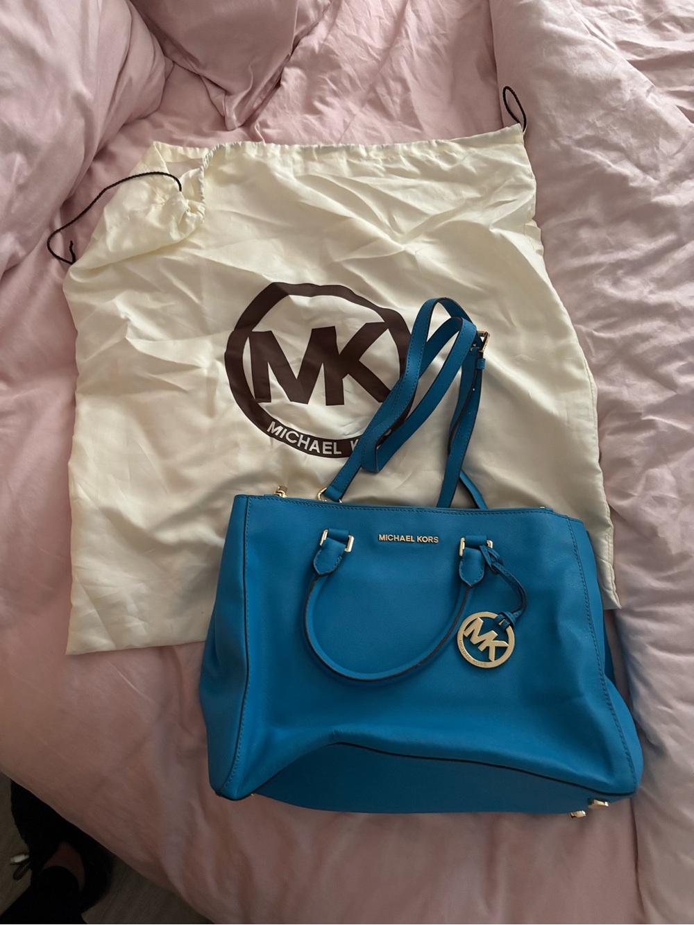Michael Kors Bright Teal Leather Tote with Gold MK Charm